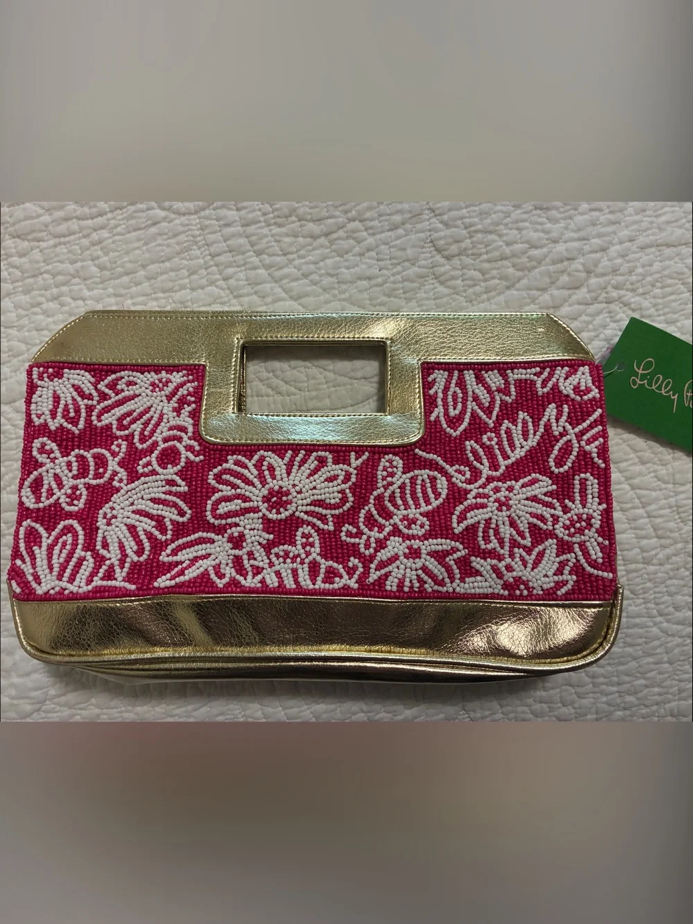 Lilly Pulitzer Gold and Hot Pink Beaded Floral Clutch nwt